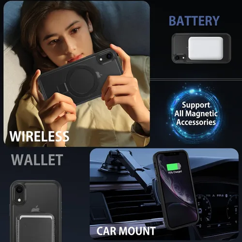 Vista 2 de DUEDUE Funda magnética para iPhone XR con soporte de anillo [compatible con Magsafe], funda protectora de cuerpo completo, delgada, a prueba de Negro