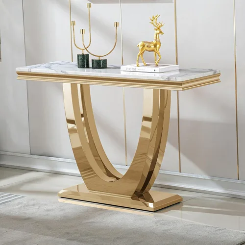 Vista 31 de Mesa de centro de mármol negro Henf de lujo, mesa auxiliar rectangular de mármol sintético de imitación con base de acero inoxidable dorado