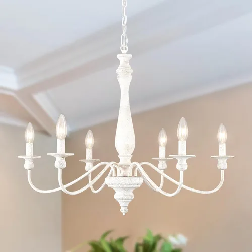 Vista 8 de Candelabros de granja para comedor, 6 luces envejecidas blancas francesas de campo, lámpara rústica de madera vintage, lámpara colgante