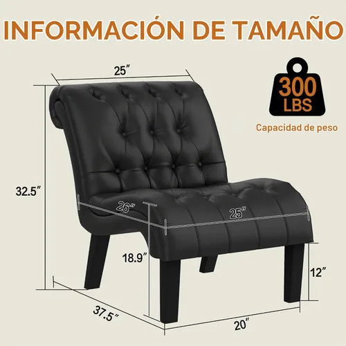 Vista 2 de Silla decorativa de piel sintética negra moderna con botones capitoné tapizada sin brazos para dormitorio, sala de estar con patas de madera