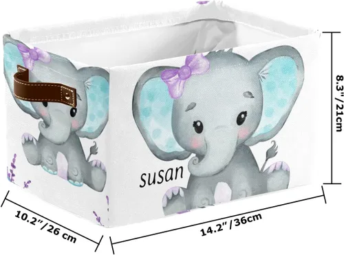 Vista 2 de Canasta de almacenamiento personalizada de elefante verde azulado con nombre, caja de almacenamiento grande con asas para el hogar, oficina
