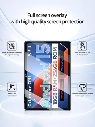 Vista 2 de Protector de pantalla para tabletas ECOPAD E50 Android 15 de 12 pulgadas, dureza 9H antiarañazos, sensible al tacto, bordes redondeados 2.5D, sin