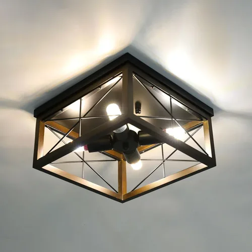 Vista 5 de Lámparas de techo de montaje empotrado de 4 luces, lámpara de techo de madera rústica vintage, metal negro, lámpara de techo industrial retro