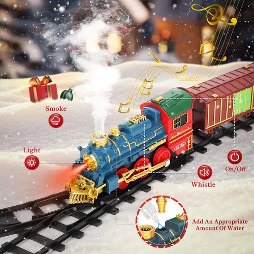 Vista 5 de Caja de regalo de tren eléctrico de vapor de Navidad con pista, luces, música, humo, batería recargable USB, incluye locomotora y autos