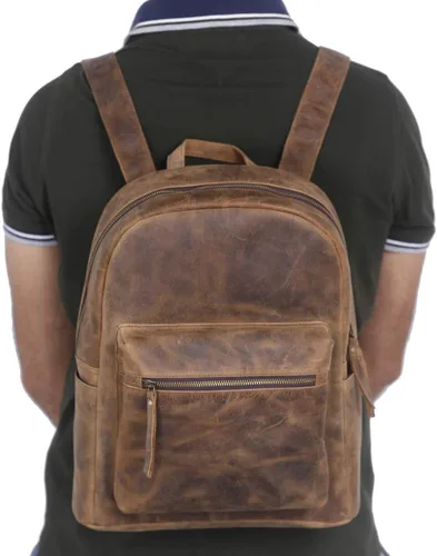 Vista 6 de KomalC Mochila de cuero para laptop para mujeres y hombres, viajes, senderismo, viajes, bolsa de campamento, desgastado bronceado, 15 pulgadas