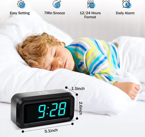 Vista 2 de Reloj despertador digital, funciona con pilas, con pantalla LED para dormitorios, larga duración de batería, brillo ajustable en 3 niveles, 12/24