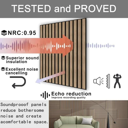 Vista 6 de 4 piezas de paneles acústicos de listones de madera, panel de pared de madera acanalada 3D absorbente de sonido para pared y techo, paneles Nogal