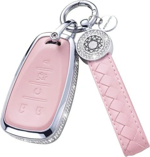 Vista 32 de Funda para llave inteligente con llavero, de piel auténtica color rosa, con cristales, carcasa protectora