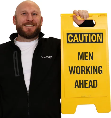 Vista 2 de SmartSign Letrero plegable de dos caras con texto en inglés "Caution - Men Working Ahead" de 25 x 12 pulgadas, plástico de polipropileno impreso