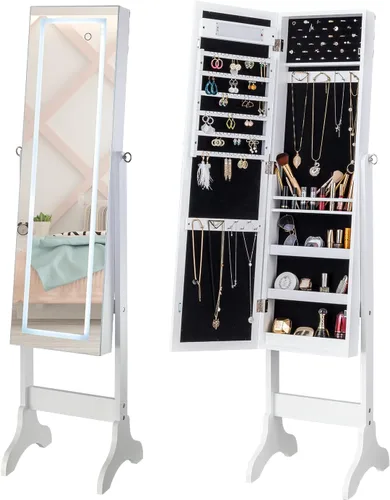 Vista 8 de YOKUKINA Organizador de joyas de espejo con luces armario de armario con almacenamiento de joyas espejo de cuerpo completo independientemontaje