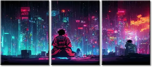 Vista 97 de Arte de pared de 3 piezas de escena de ciencia ficción de la calle comercial futurista paisaje urbano, decoración de pared para dormitorio