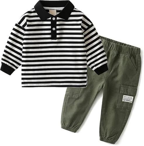 Vista 5 de Conjunto de 2 polos de manga larga para niños pequeños + ropa de pantalones cargo