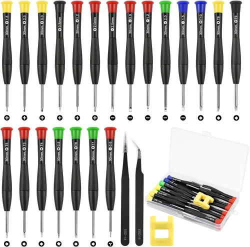 Vista 9 de Ainiv Juego de mini destornilladores de precisión, 18 destornilladores magnéticos pequeños con pinzas y magnetizador de cabeza plana Phillips