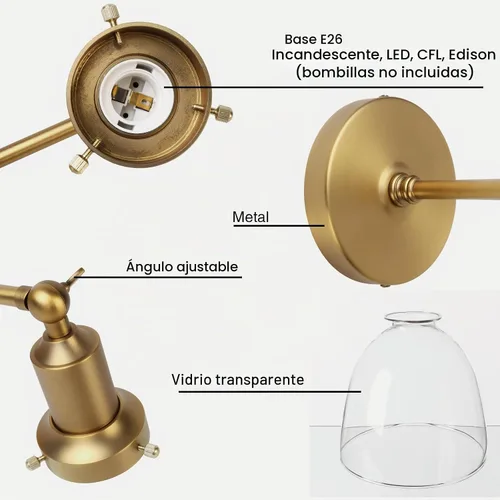 Vista 6 de PERMO Industrial Vintage Slope Pole Wall Mount Single Sconce with 6.7" Oval Dome Clear Glass Shade Antique Gold Wall Sconce Light Fixture