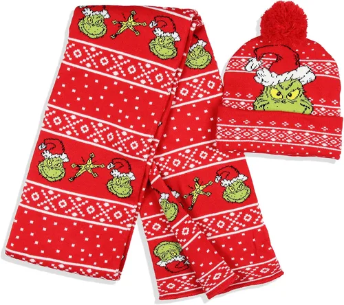 Vista 2 de Dr. Seuss The Grinch Who Stole Christmas - Juego de bufanda de punto y gorro de pompón, Rojo