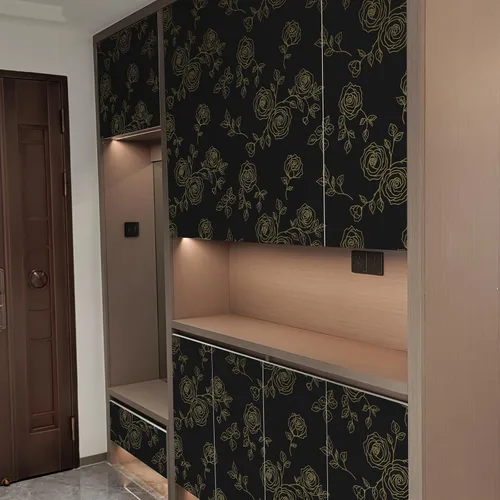 Vista 9 de Amiya Papel tapiz floral negro y dorado, línea de papel tapiz para despegar y pegar, estilo bohemio, retro, renovación de dormitorios, armarios