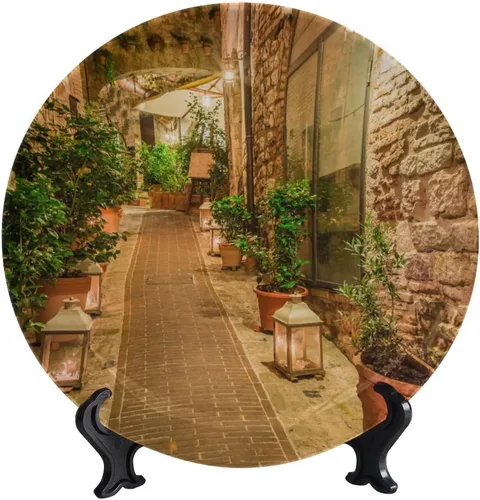 Vista 54 de Plato decorativo colgante de cerámica con temática de paisaje, plato decorativo redondo de plantas en maceta, con soporte decorativo, para sala