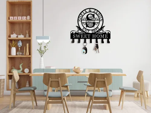 Vista 5 de Soporte personalizado para llaves de pared, ganchos de pared con nombre de familia, organizador de llaves de metal, decoración para colgar llaves