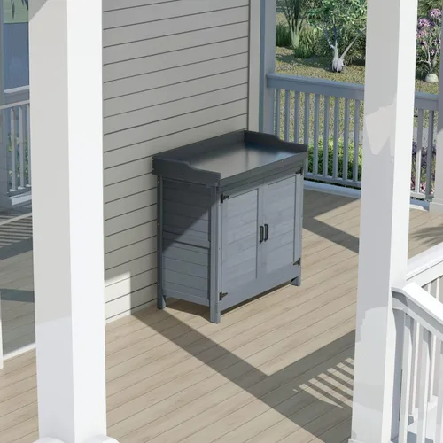 Vista 9 de Gabinete de Almacenamiento de Madera para Jardín Exterior Patio Muebles Cobertizo de Herramientas Impermeable con Bancos para Macetas Mesa de Gris