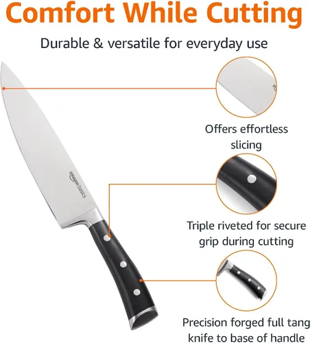 Vista 2 de Amazon Basics Cuchillo de chef clásico de acero inoxidable de 8 pulgadas con espiga completa y tres remaches, plateado