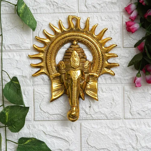 Vista 2 de eCraftIndia Golden Lord Ganesha con sol decorativo de metal para colgar en la pared, decoración del hogar, templo de Pooja Room y regalo