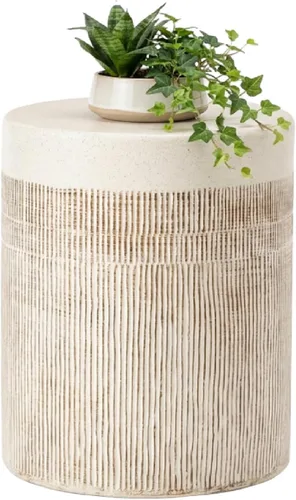 Vista 14 de HOMPUS Mesa auxiliar de hormigón para exteriores, mesa decorativa redonda moderna de tocón de árbol, soporte para maceta, taburete de jardín
