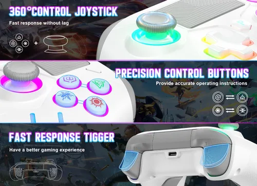 Vista 6 de Gamrombo Gaming Controller for PlayStation 5 PS5, PS4PS3PCSwitchSteam DeckMacAndroidiOS with RGB LED Lights, Hall Triggers, Hall Joysticks, Marco