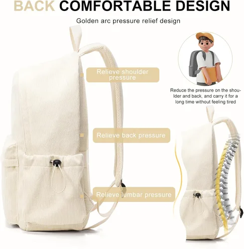 Vista 5 de Mochila escolar para adolescentes, niños y niñas, bonita mochila de pana clásica casual para escuela secundaria, mochila universitaria ligera