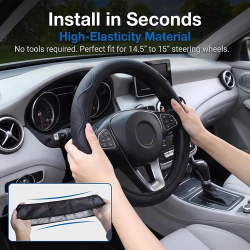 Vista 2 de Funda elástica para volante de coche universal de 15 pulgadas, fundas de volante de microfibra suave de cuero transpirable, antideslizante