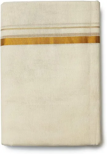 Vista 2 de Pareo Dhoti Lungi de algodón puro con borde dorado Zari 3.6 Mts-Crema, Crema