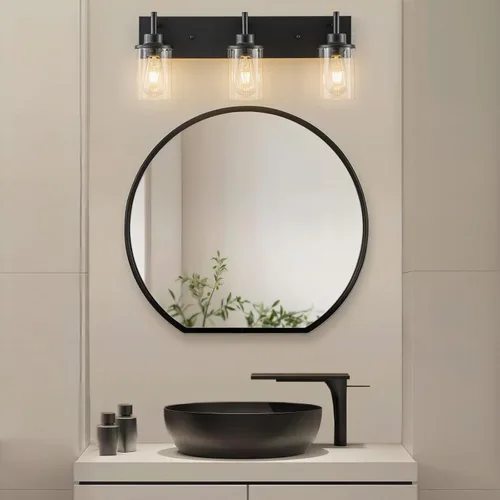 Vista 6 de GoYeel Accesorios de iluminación de tocador, aplique de pared negro mate de 3 luces negras con pantalla de vidrio transparente para dormitorio