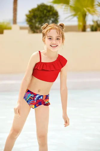 Vista 4 de Arshiner Traje de baño de dos piezas con volantes y estampado de volantes para niñas