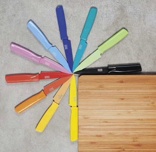 Vista 5 de Kuhn Rikon COLORI Cuchillo de pelar recto y dentado con funda de seguridad, hoja de 4 pulgadas, juego de 2, verde y amarillo