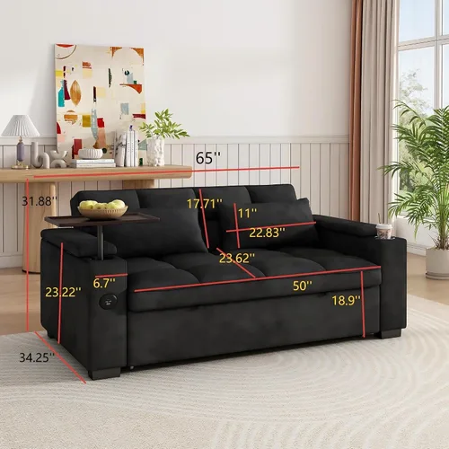 Vista 3 de KEIKI 65" 3-in-1 Sofa Bed, Folding Chenille Loveseat Sleeper with USB