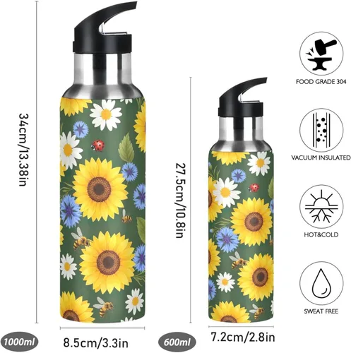 Vista 2 de BPA-Free Sports Water Bottle 32 Oz, Insulated Water Bottle for Gym Outdoor Travel School, Yellow Sunflowers