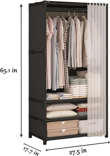 Vista 2 de Armario portátil para colgar ropa, armario de estilo japonés, perchero con 1 varillas para colgar, 2 estantes de almacenamiento, 27.5 pulgadas