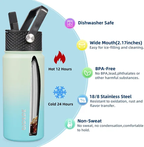 Vista 2 de BJPKPK Paquete de 2 botellas de agua aisladas con tapas con pajita, botella de agua de metal de acero inoxidable de 18oz con 6 tapas, jarras a