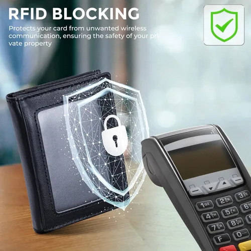 Vista 13 de Bolsillo frontal con bloqueo RFID, minimalista, delgado, de cuero, plegable, para tarjeta de crédito, con ventana de identificación