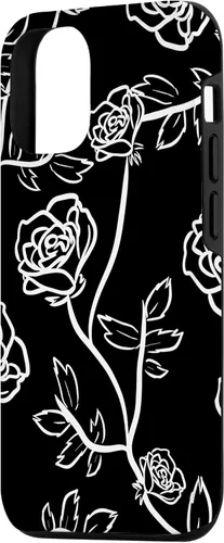 Vista 2 de iPhone 14 Rose Bush Pétalos de rosa Hojas de espina Funda blanca y negra