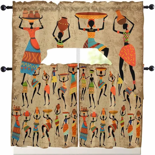 Vista 13 de Juego de 3 cortinas de cocina con festón de Navidad con cenefa, 3 piezas con bolsillo para barra, cortinas para dormitorio, sala de estar, baño