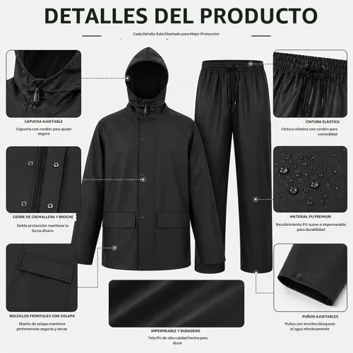 Vista 3 de Rain Suit For Men & Women Waterproof Heavy Duty Rain Gear Reflective Jacket for Fishing Outdoor Work Raincoats Negro