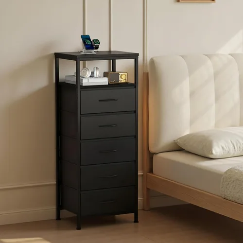 Vista 19 de Sweetcrispy Mesita de noche con estación de carga, mesa auxiliar con 3 cajones de tela, puertos USB y tipo C con salidas de CA, pies ajustables