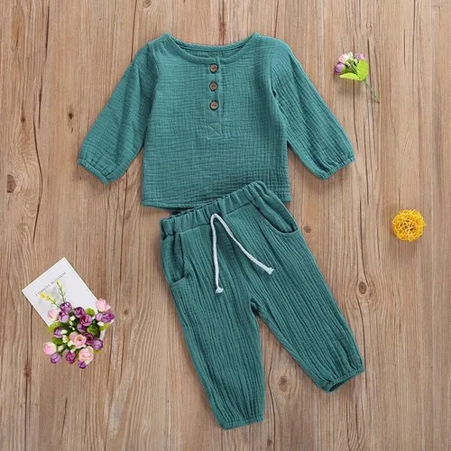 Vista 3 de Conjunto de ropa de algodón y lino de manga larga con botones y pantalones con cordón para bebé