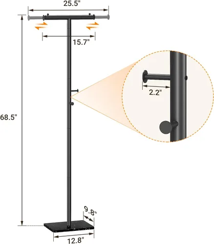Vista 3 de ELYKEN Perchero independiente con base de mármol natural, ancho ajustable en forma de T, árbol de metal con 2 ganchos, moderno perchero