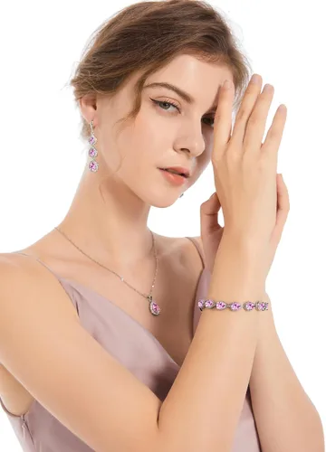 Vista 2 de LMXXVJ Juego de collar y aretes largos, chapados en oro blanco, juego de joyas de zafiro azul creado, joyería de regalo para boda, fiesta, joyería