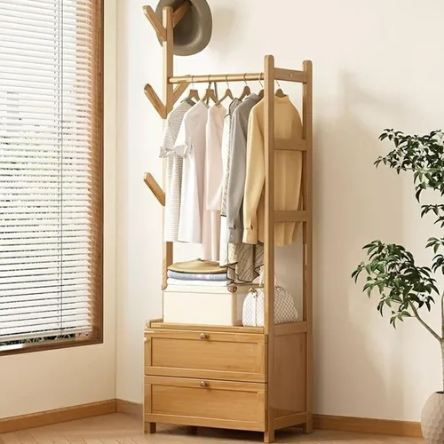 Vista 11 de Perchero de madera para colgar ropa con estantes de almacenamiento para entrada, pasillo, sala de estar