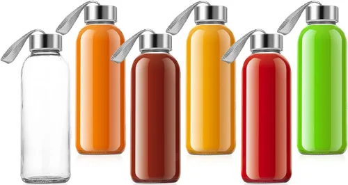 Vista 7 de QCen Botella de vidrio transparente de 18 onzas para jugos, botellas de agua de vidrio reutilizables para máquina exprimidora, con tapas de acero