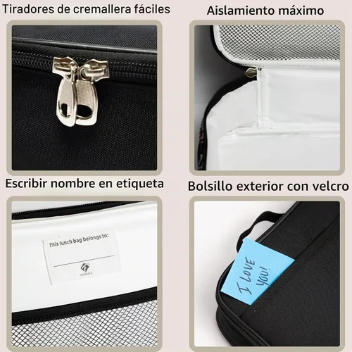 Vista 5 de Lonchera infantil de Fenrici, para niñas, adolescentes, mujeres, bolsa de almuerzo aislada, compartimentos de lados suaves, espaciosos, sin BPA Negro