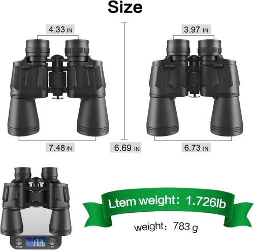 Vista 8 de RONHAN Prismáticos para adultos de alta potencia, militares HD profesionales/diarios, impermeables, 20x50, para observación de aves, viajes, caza