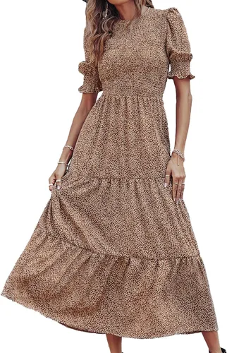 Vista 170 de BTFBM Vestidos para mujer, cuello redondo, casual, de verano, con volantes, manga corta, bohemio, con niveles, fruncido, largo, con estampado floral